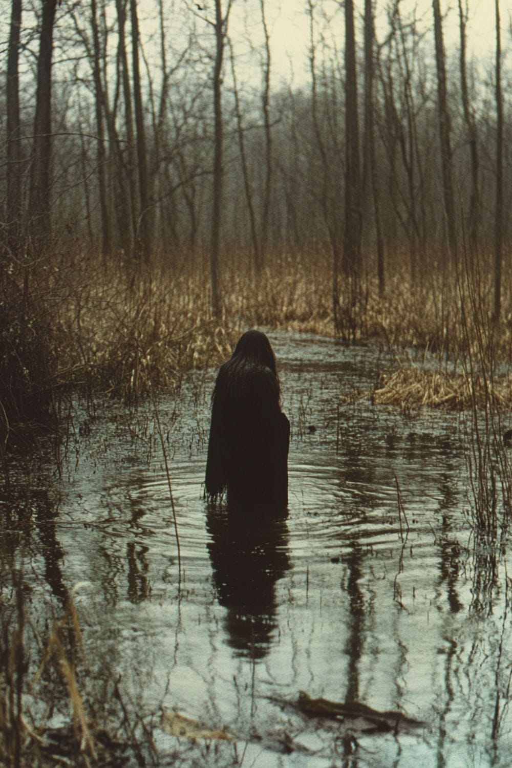 photograph of a swamp witch wading through the water