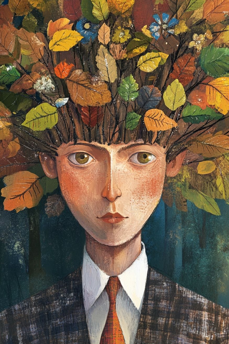 A painting of a man wearing a suit with hair made of twigs and leaves