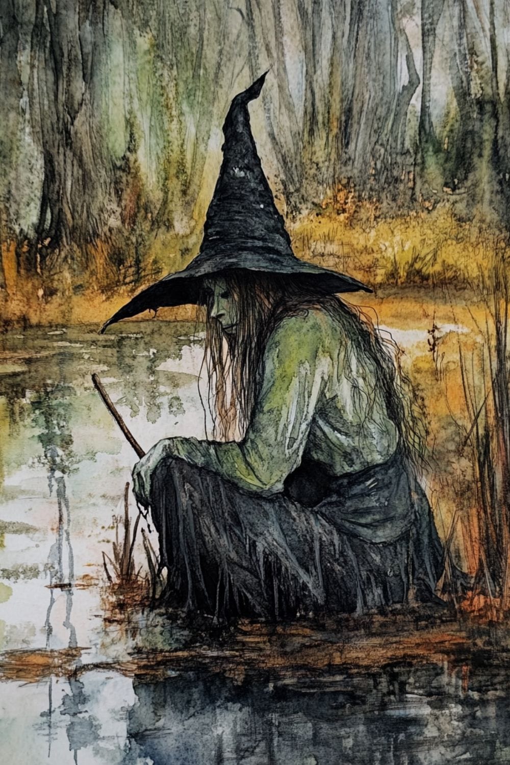 Illustration of a swamp witch sat in a swamp