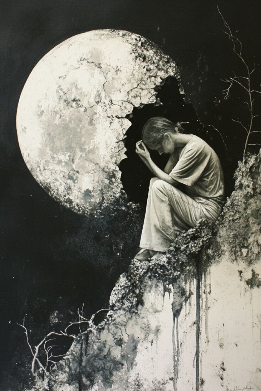 Photo collage of a woman holding her head in her hands with a broken moon right next to her