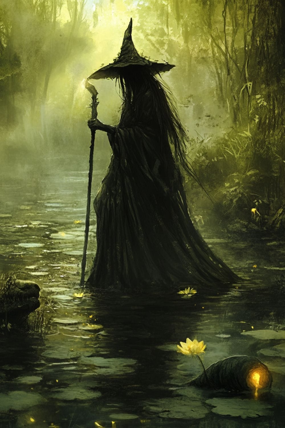 Fantasy art of a swamp witch with early evening sun shining through the trees behind her