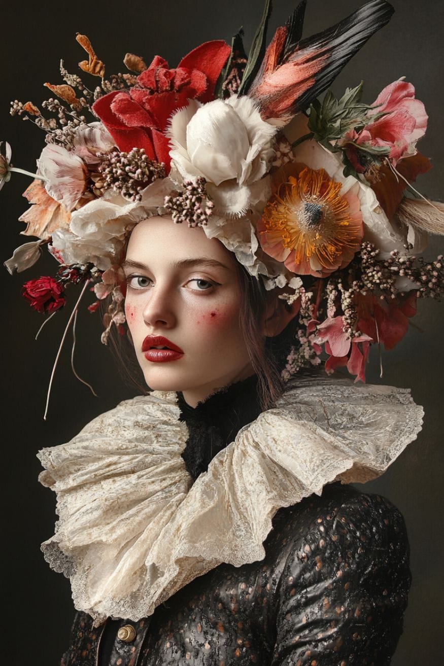 A photo of a woman wearing a neck ruff and a headdress filled with flowers