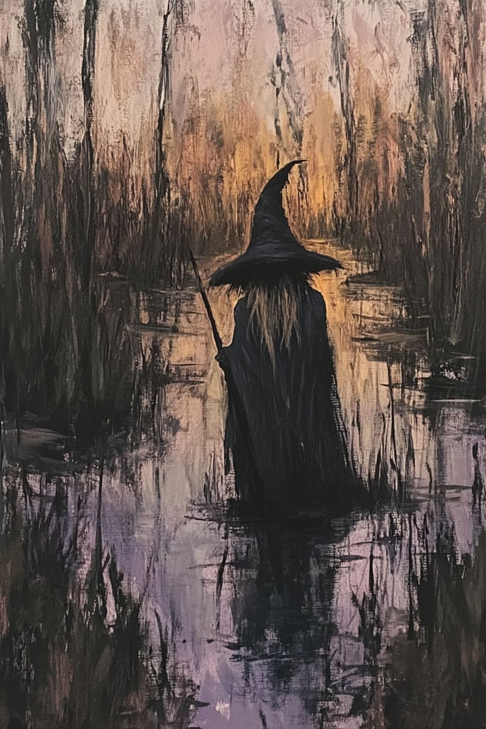 Rough acrylic painting of a swamp witch