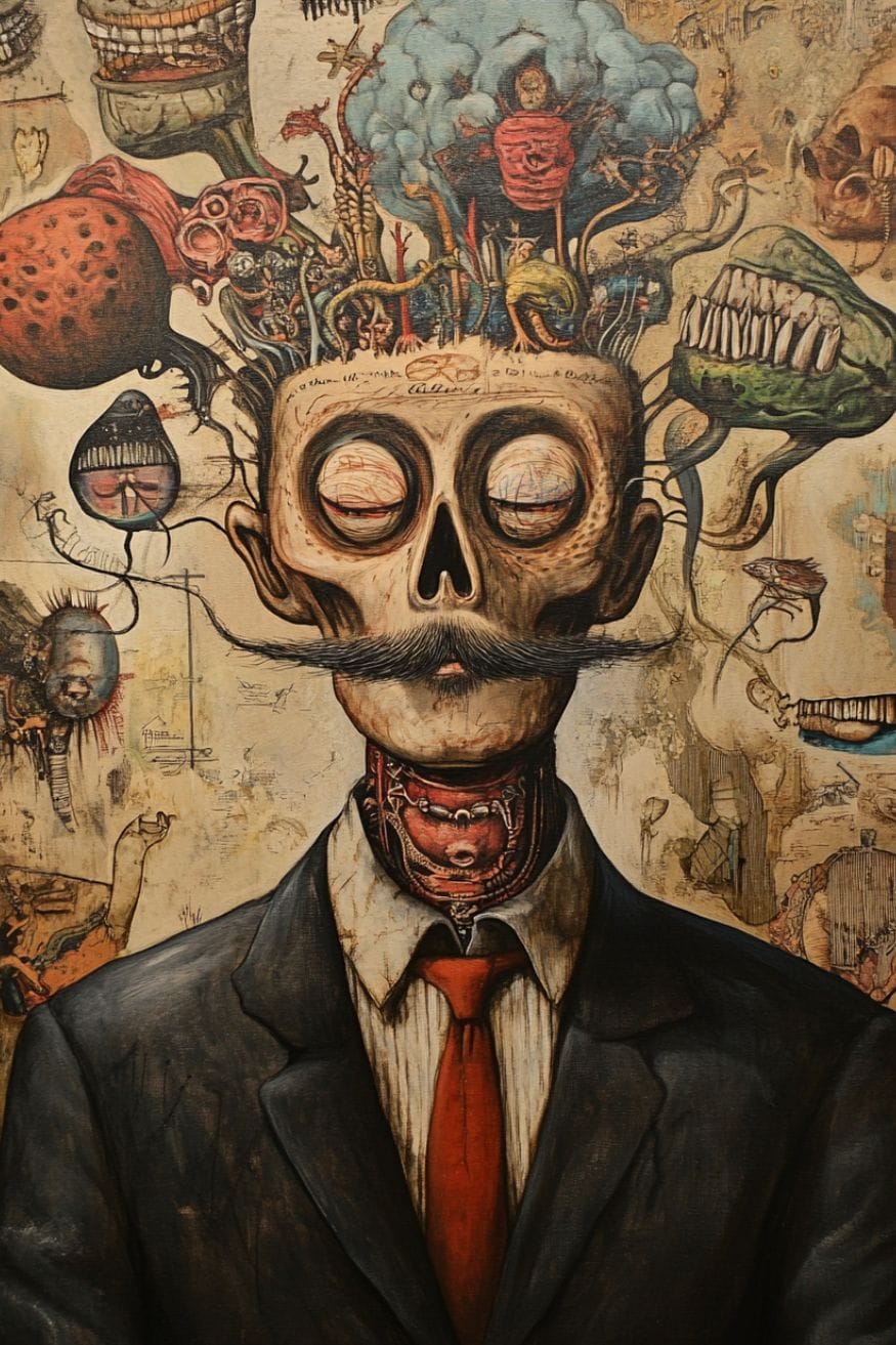 A illustration of a skeletal man with demons coming out of his head as if they are thoughts