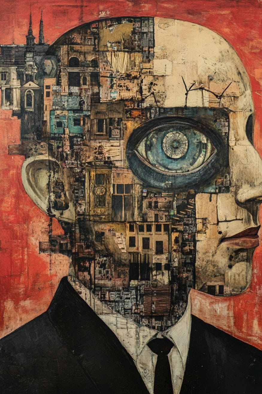 A painting collage of a mans face where half his face is made of building textures