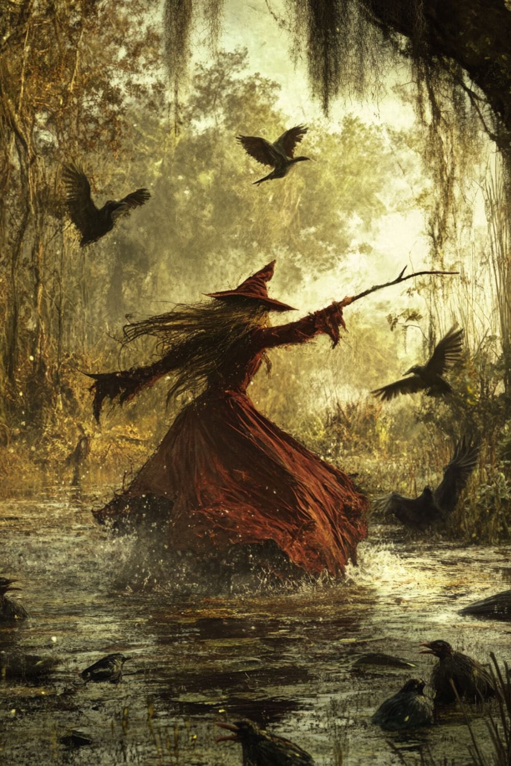 Ehtereal painting of a swamp witch performing a ritual in a swamp