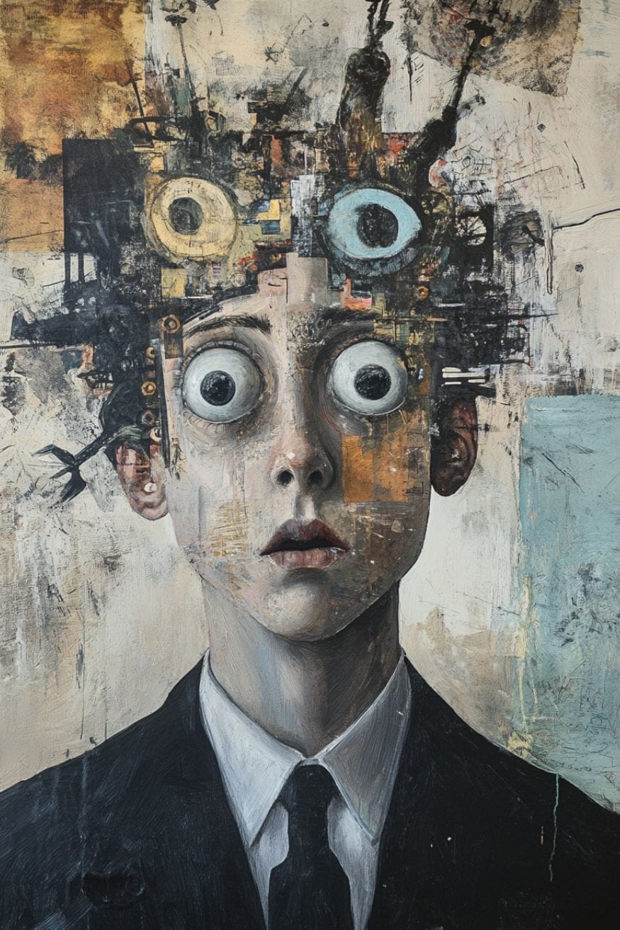 apainting of a boy wearing a suit with what looks like machines coming out of his head