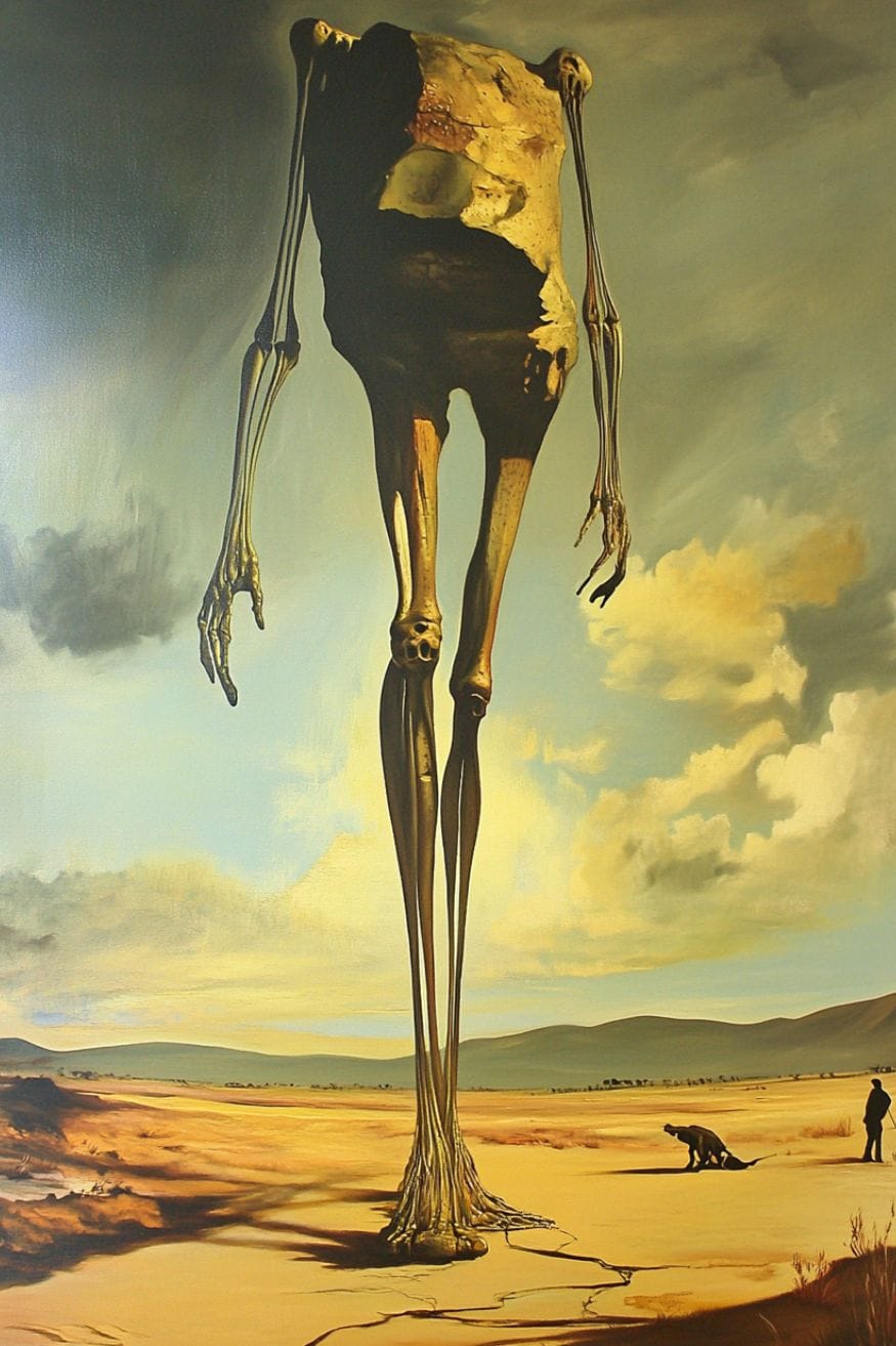 an peculiar piece of art of a giant skeleton-rock creature walking across the desert in the style of Dali