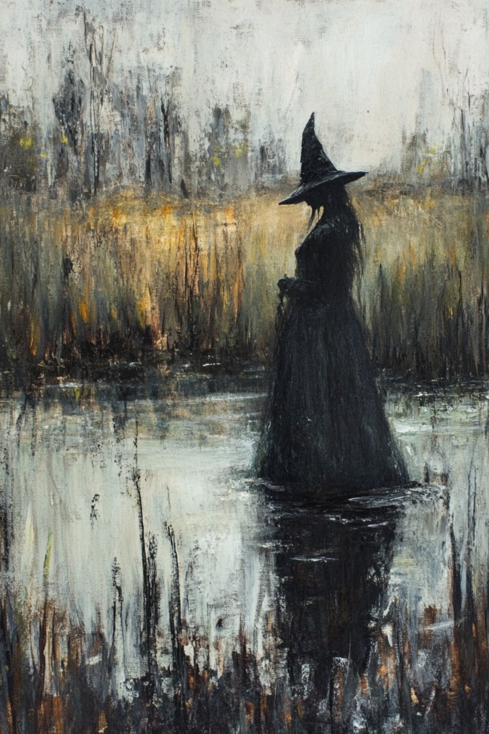 Ethereal painting of a witch stood in water