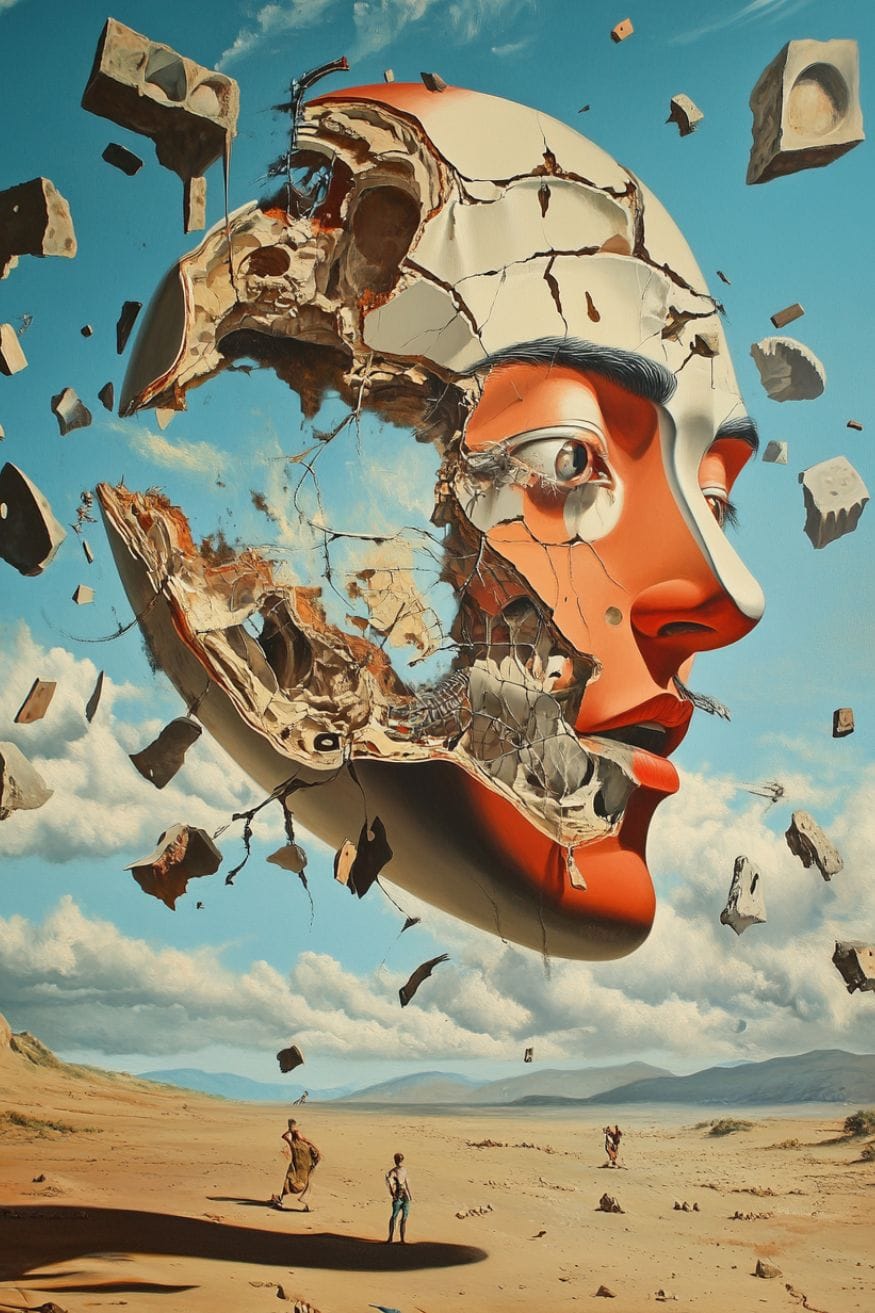 A dali-esque painting of a giant head made of rocks disassembling in mid-air