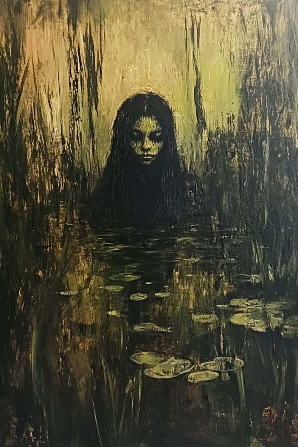 Dark painting of a scary looking witch emerging from the water