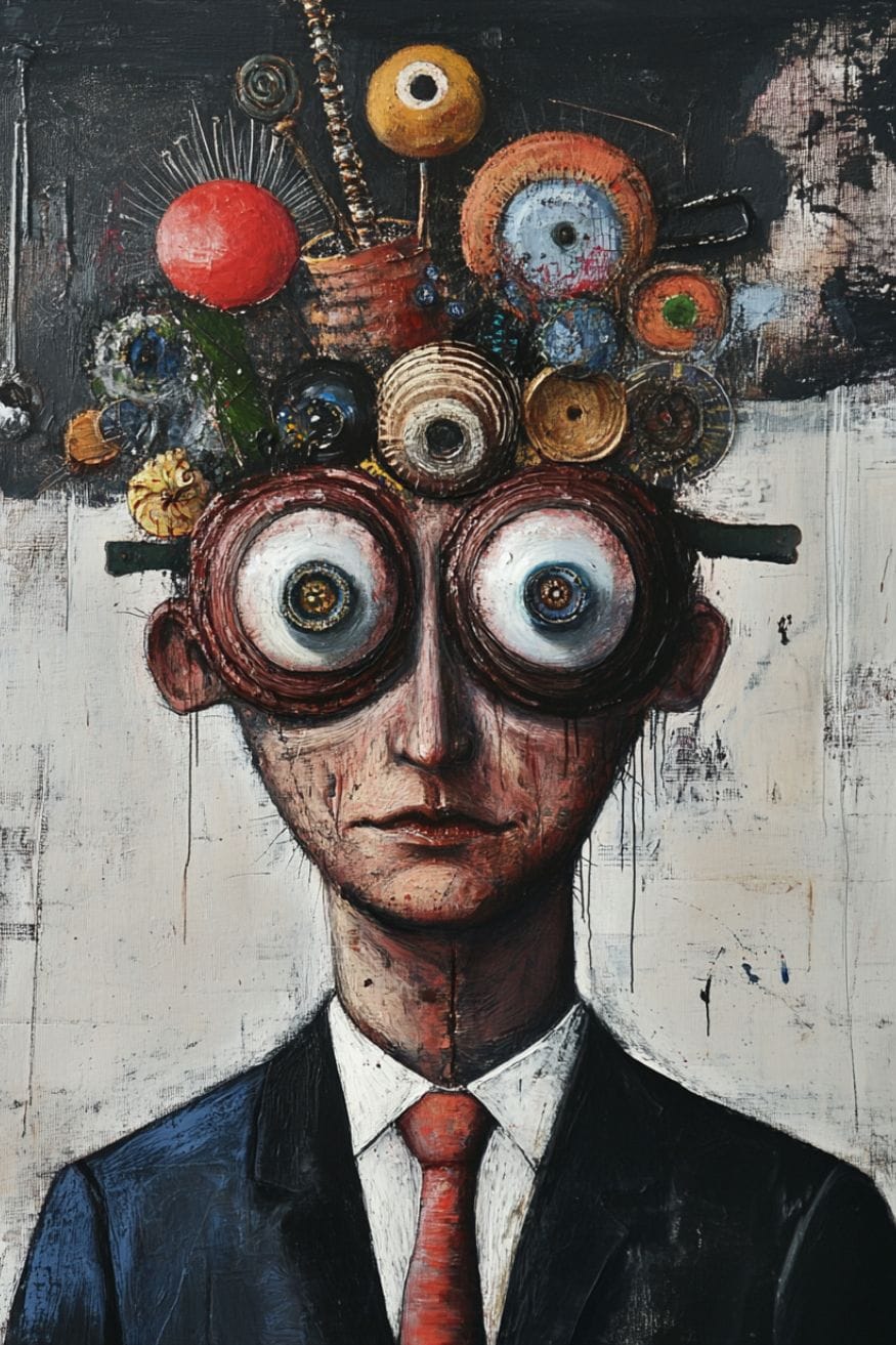 a weird painting of a man wearing a suit with giant eyes with hair made out of a weird machine