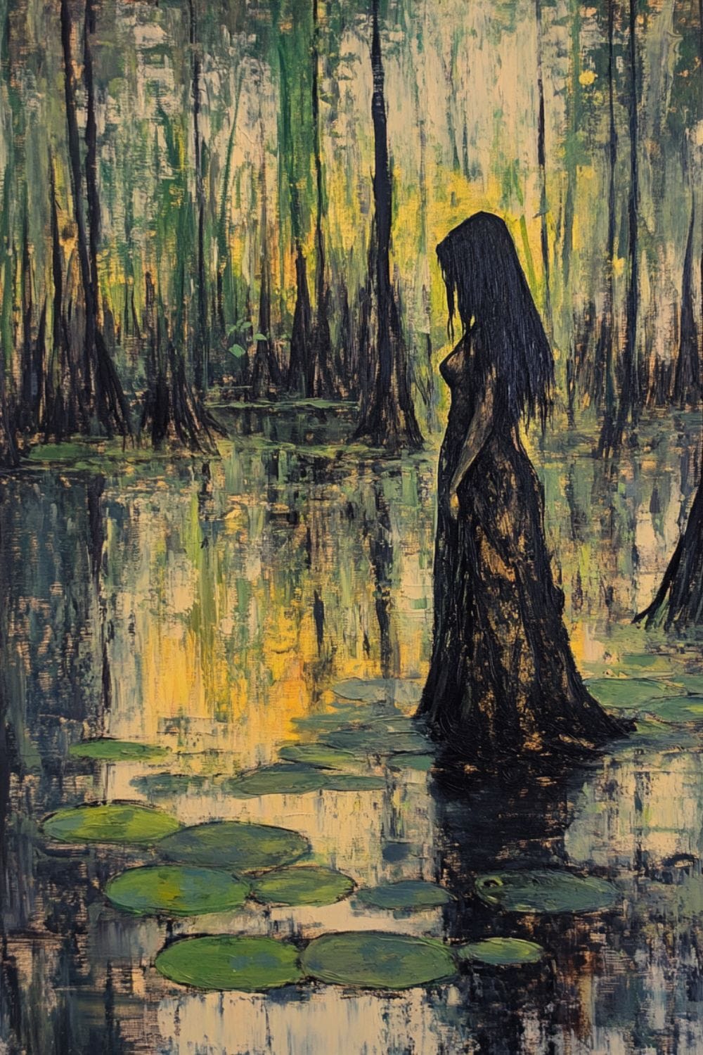 Painting of a witch walking across a swamp