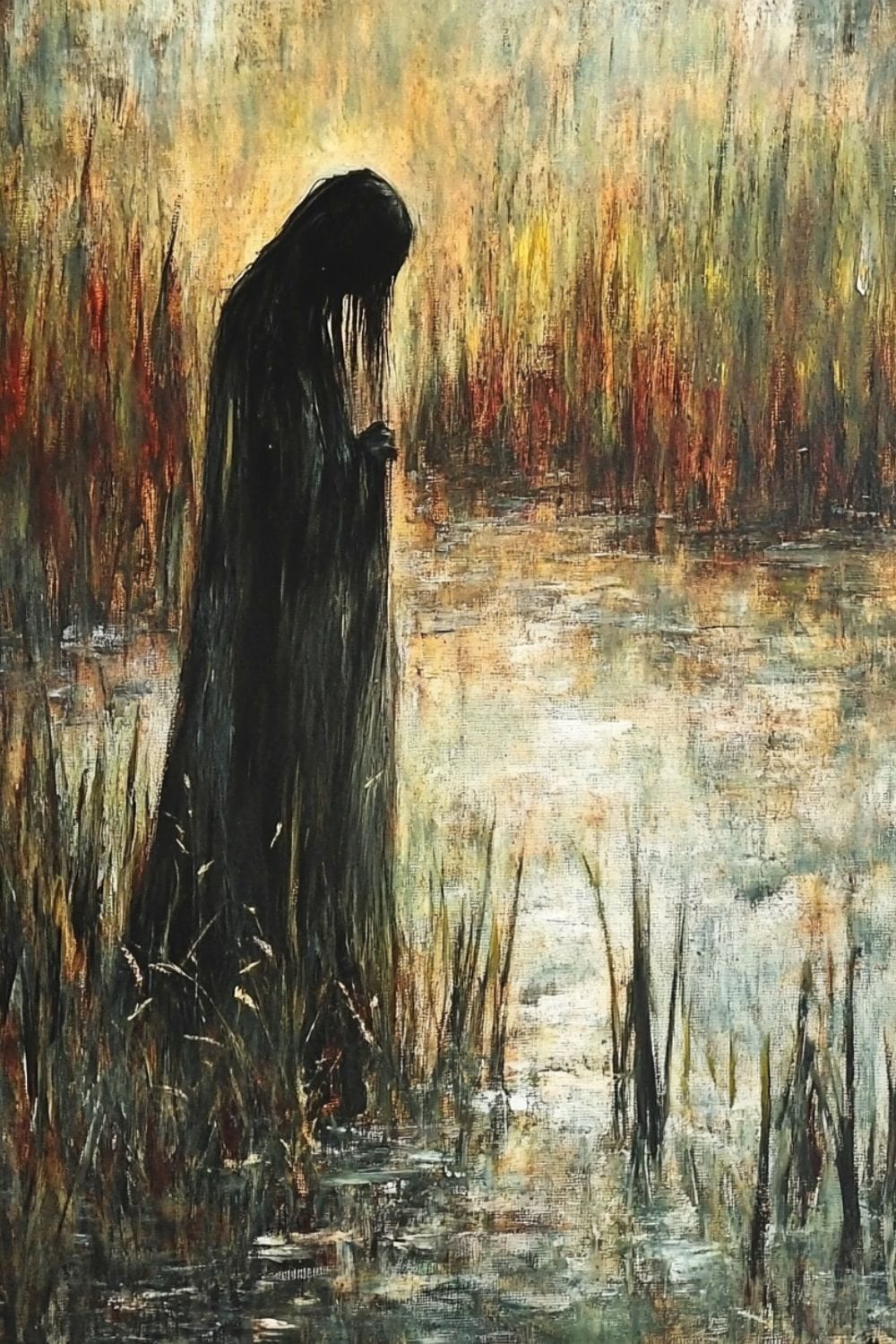 Painting of a witch walking across a swamp