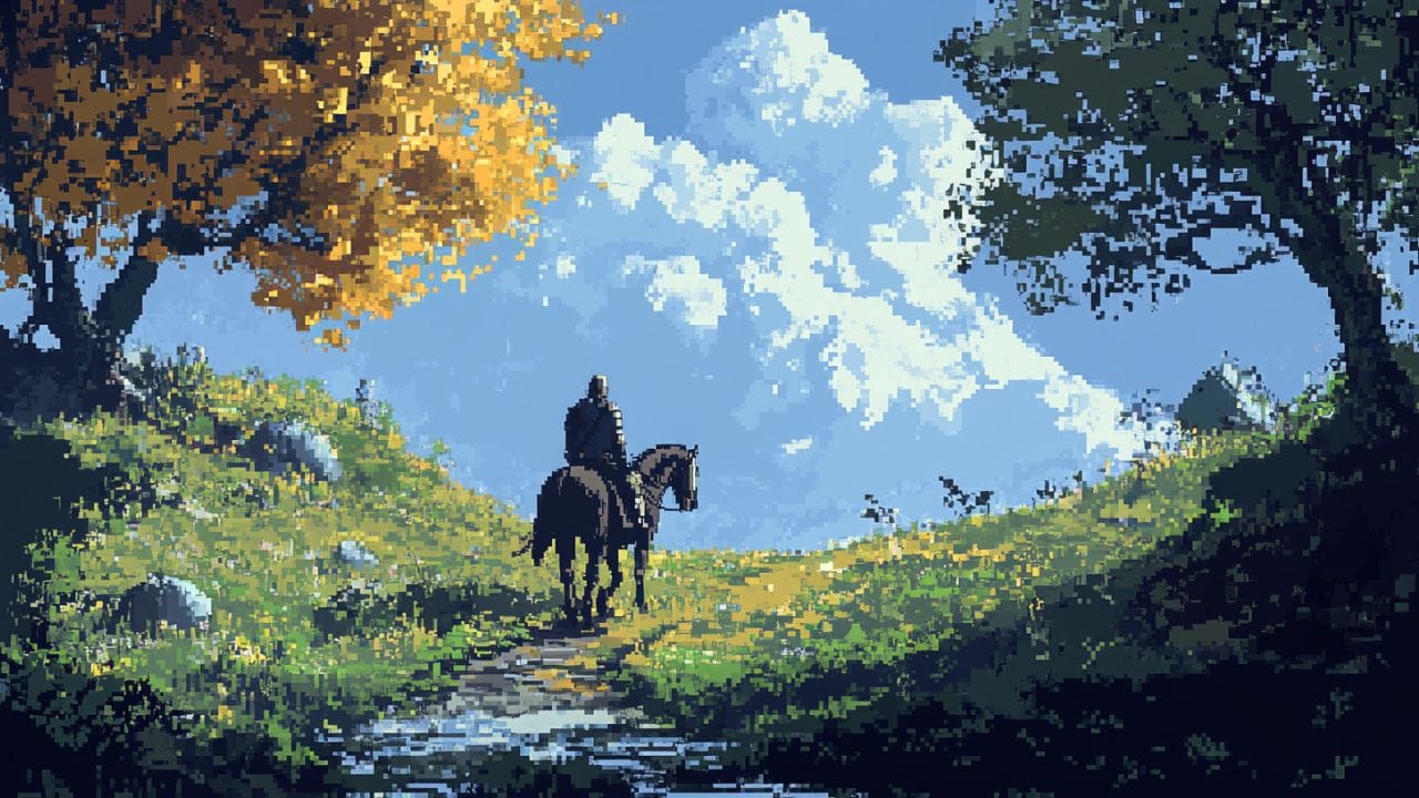 pixel art of a medieval knight riding a horse into a valley