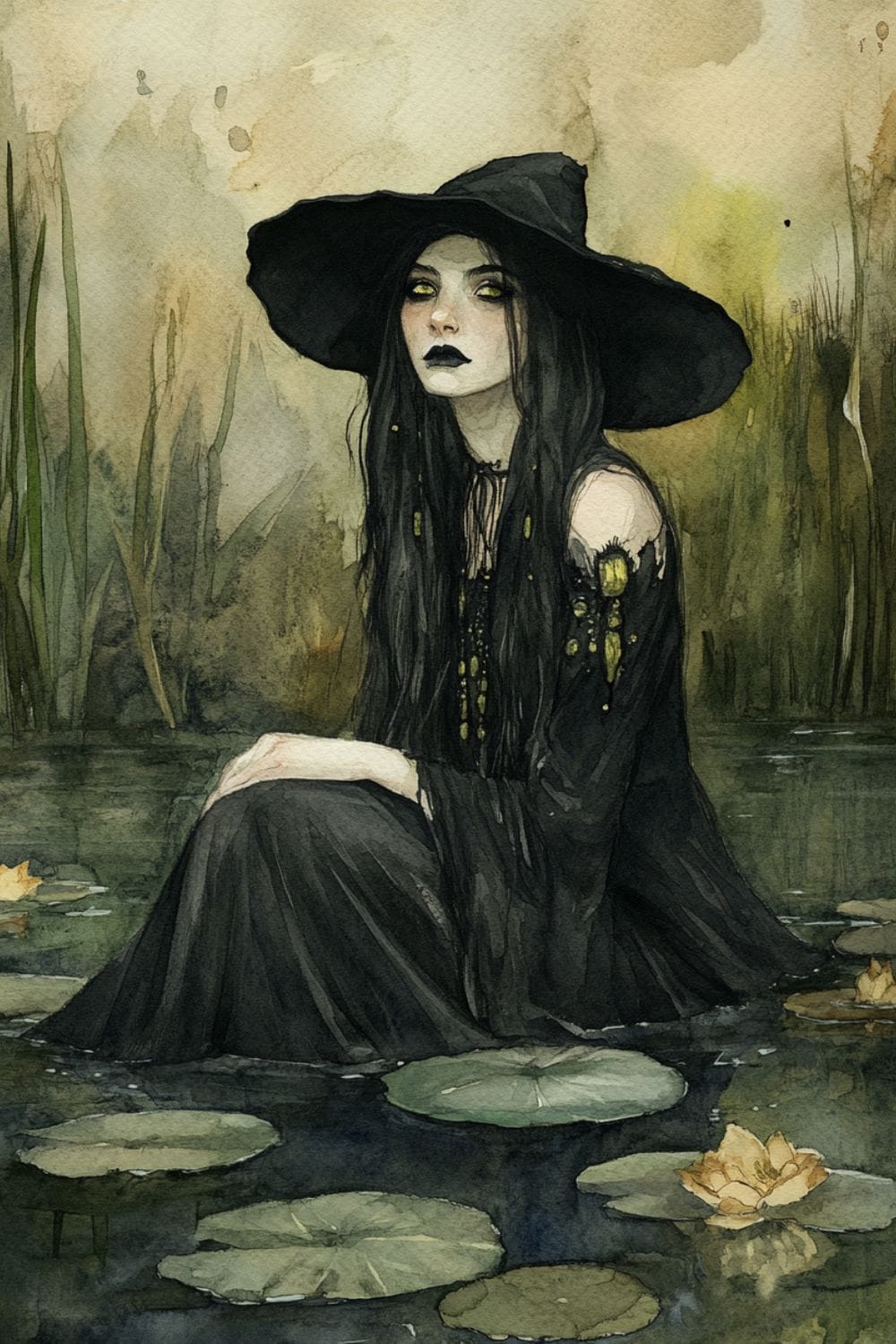 watercolour painting of a witch wearing black and sat in a swamp