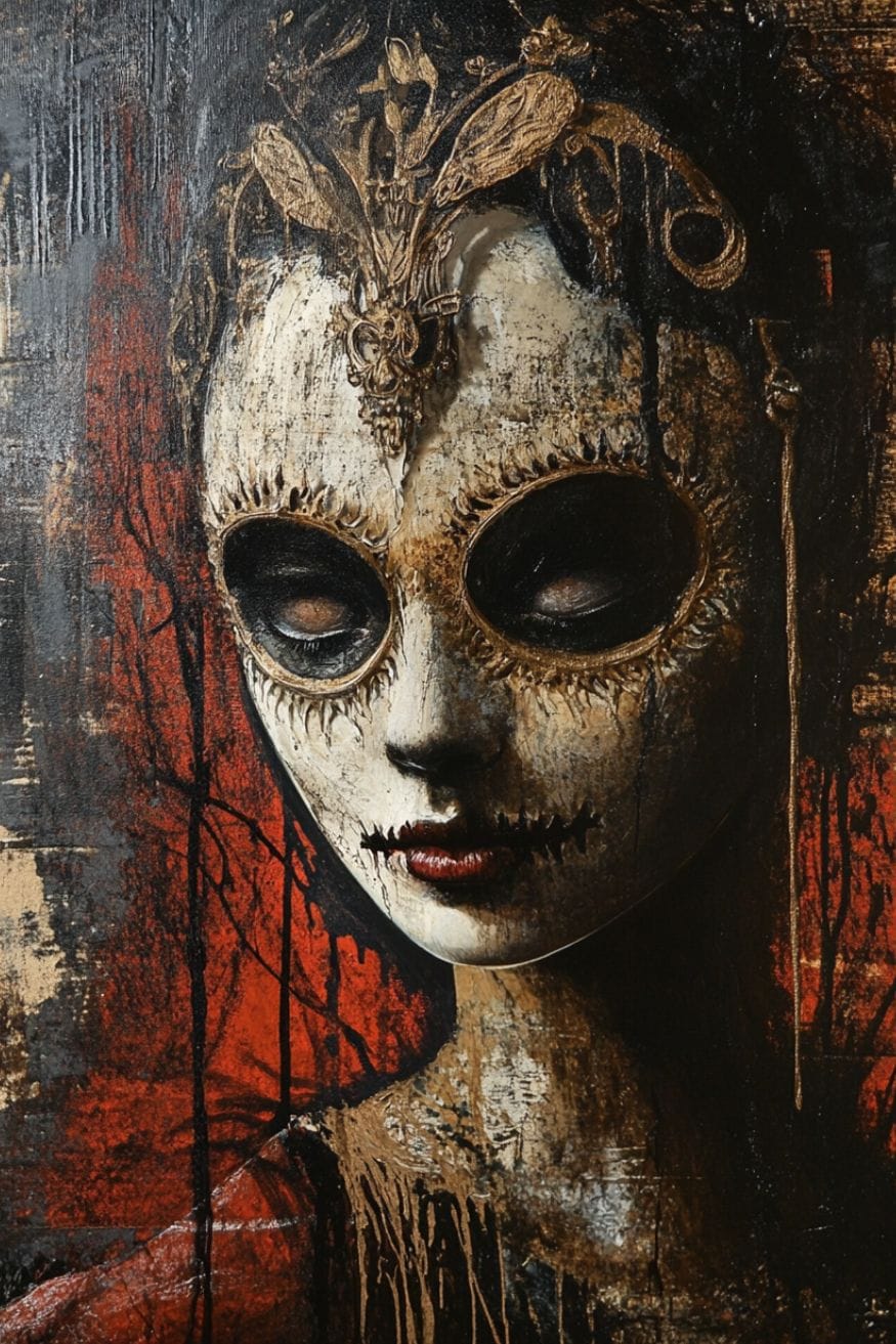 A macabre painting of a masked girl with a red background