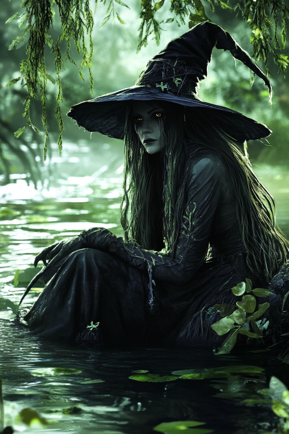 Super realistic painting of a cinematic witch with glowing eyes sat in a swamp