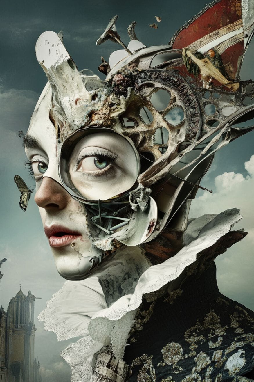 Weird collage of a womans face made up of indistinct machine parts