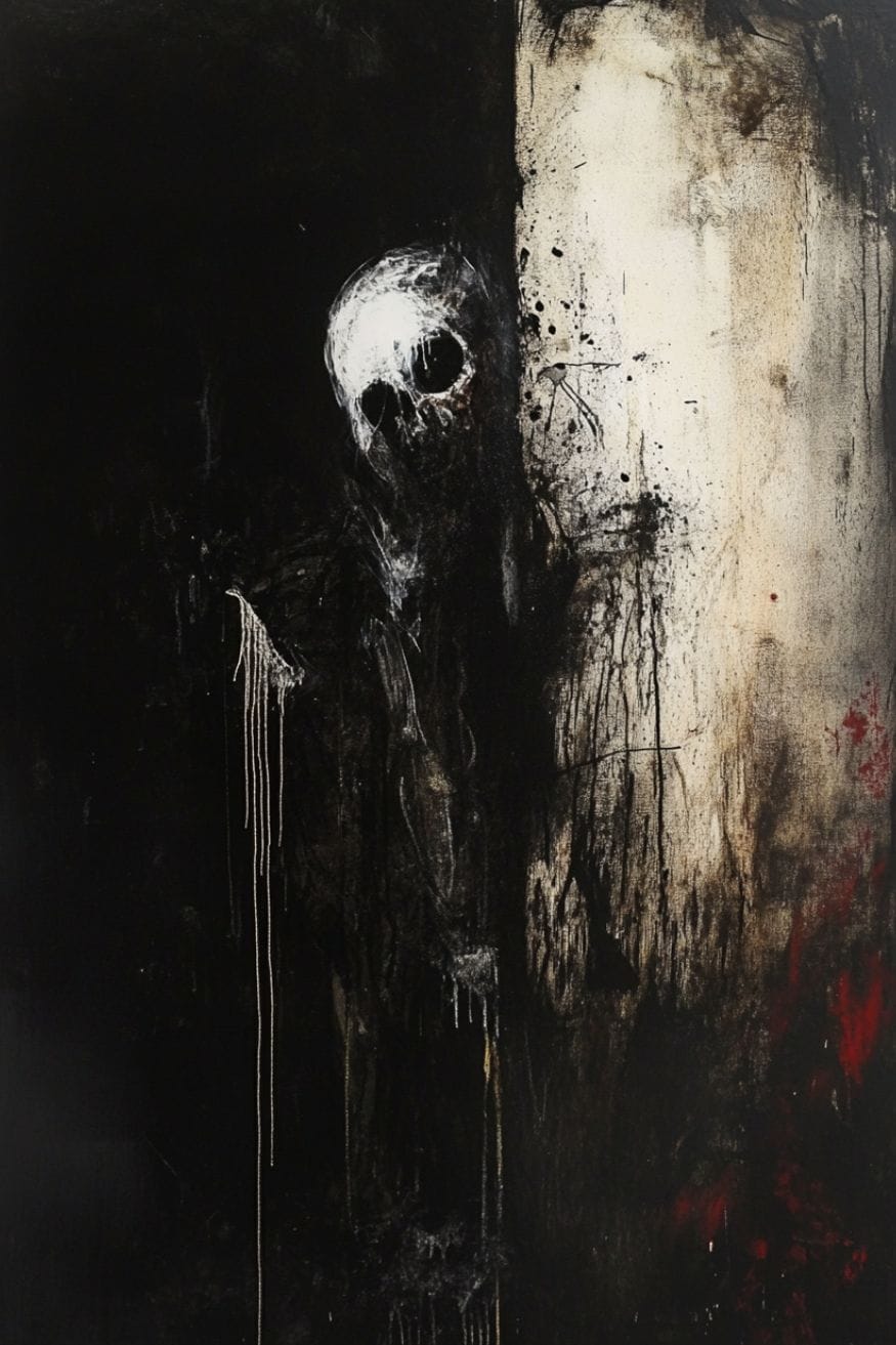 Drippy painting of a skull set against a dark textural background