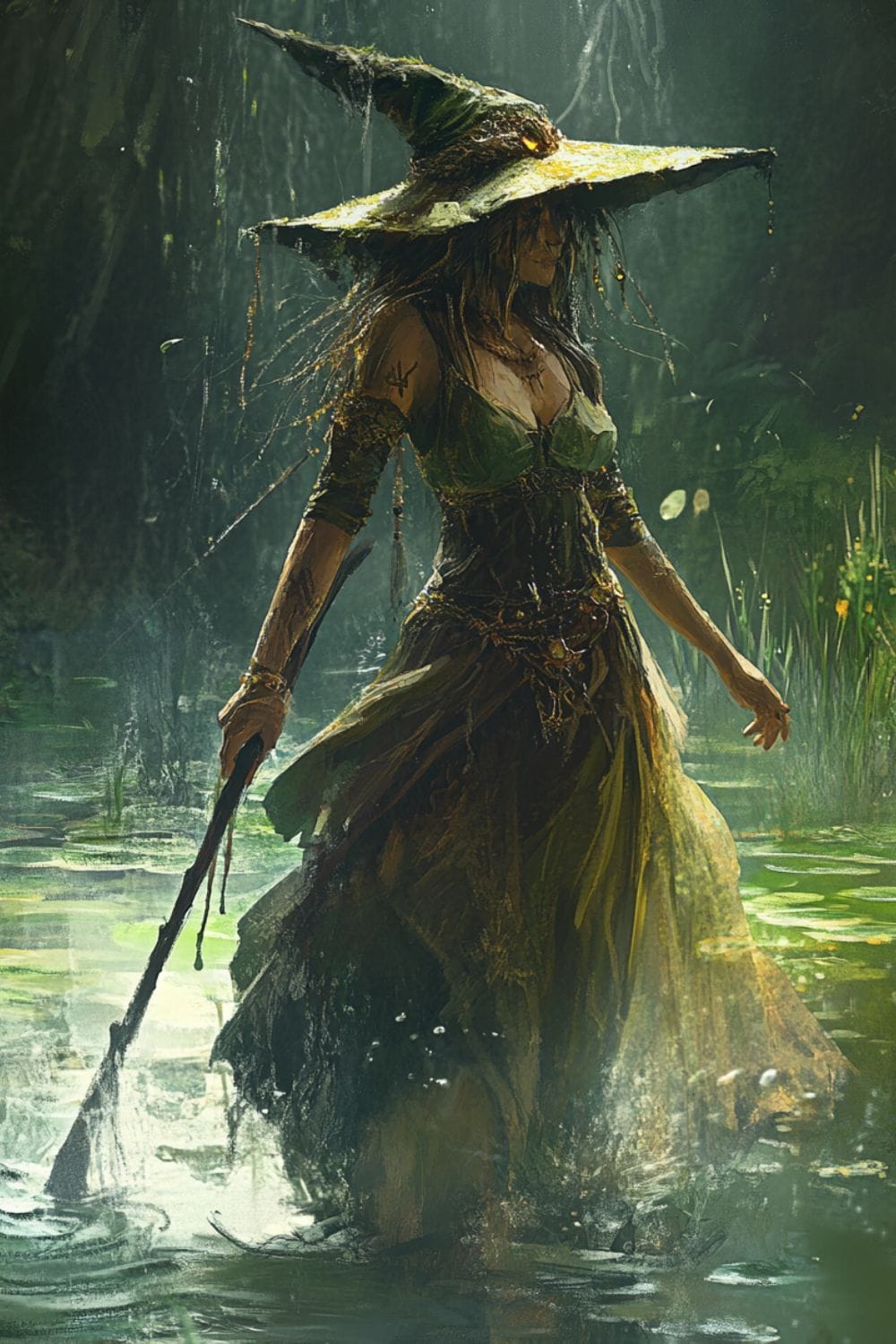 Celtic swamp witch wading confidently through the swamp