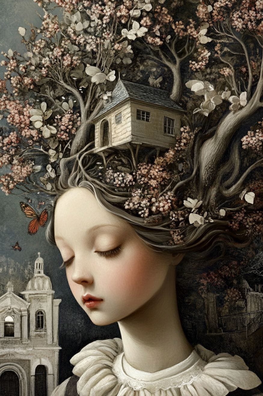 A painting of a girl who has a tree for hair with a tree-house in it