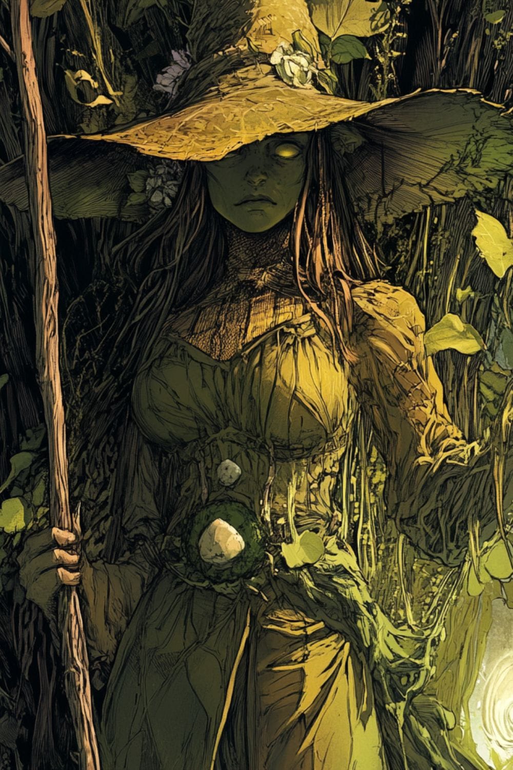 A swamp witch drawn in a comic book style