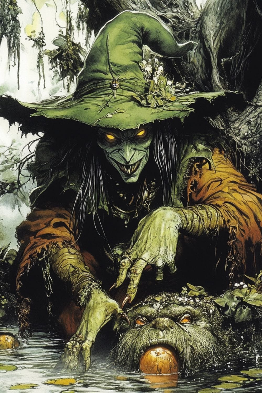 A scary looking swamp witch from a graphic novel