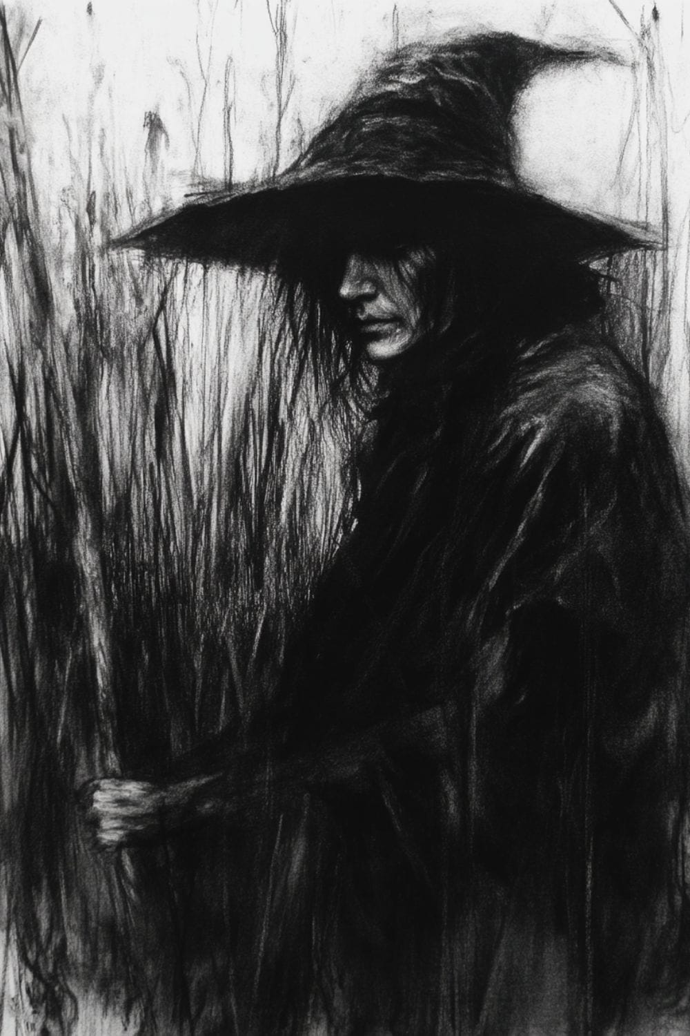 A charcoal sketch of a swamp witch