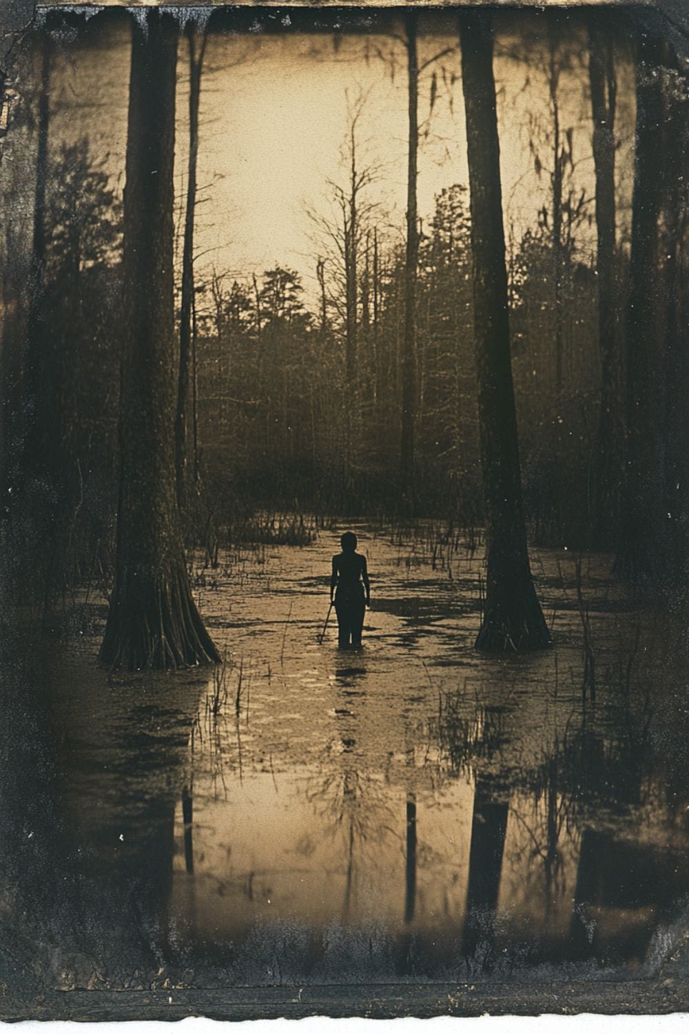 An arcotype of a swamp witch in a swamp at dusk