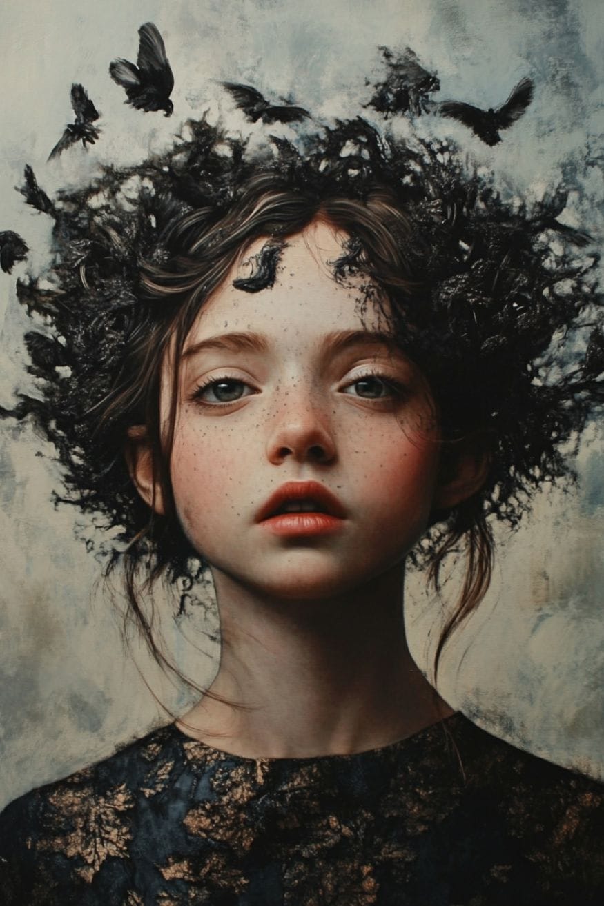 a portrait of a girl with tiny crows forming a nest in her hair