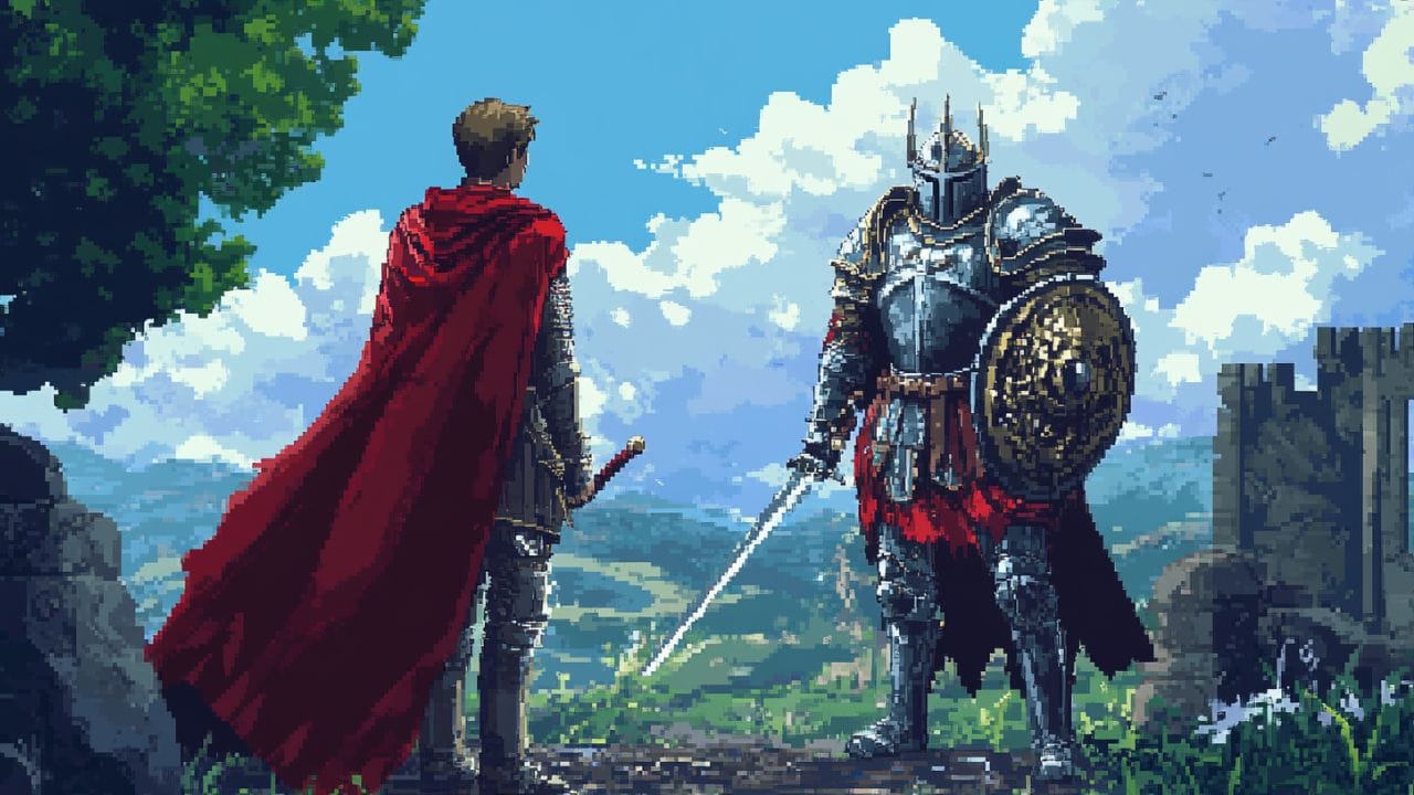 pixel art of a medieval knight meeting King Arthur