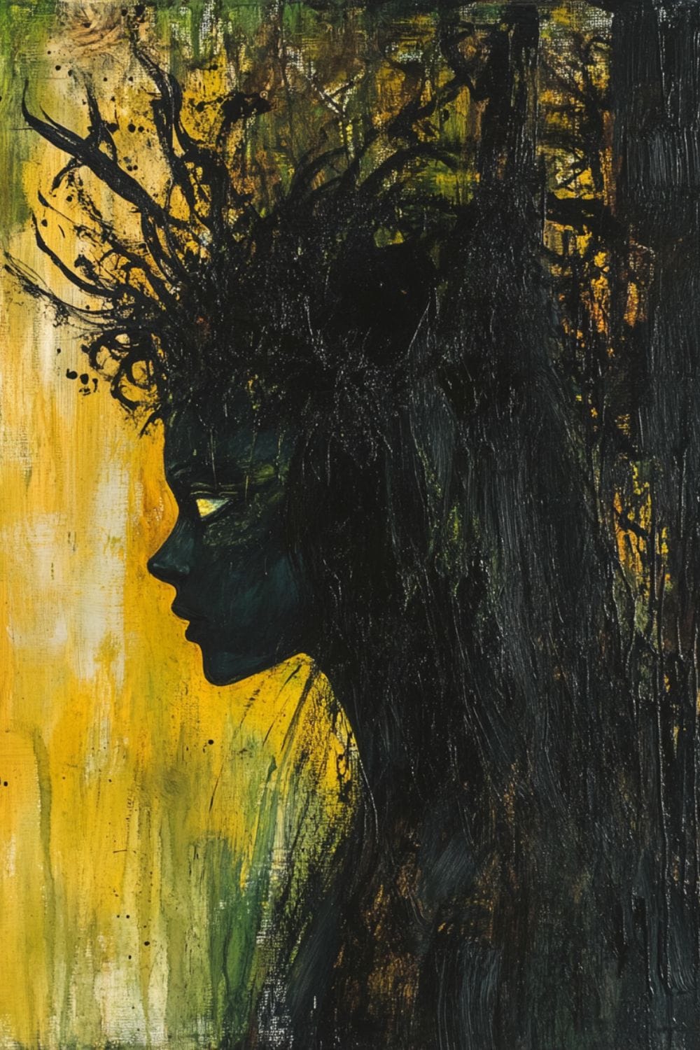 painting of the silhouette of a swamp witch