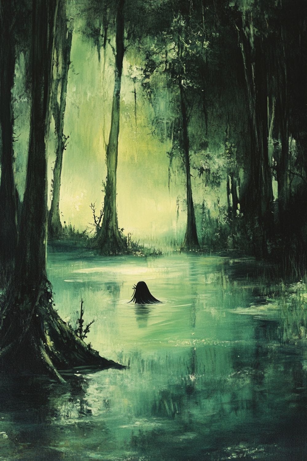 A painting of a swamp witch swimming