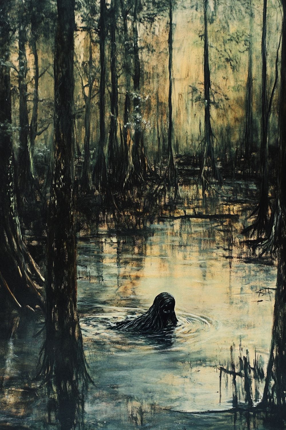 A creature that looks like a swamp witch emerging from the swater of a swamp