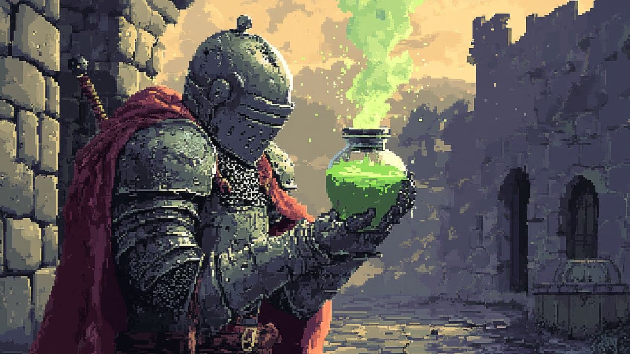 pixel art of a medieval knight holding a magic elixir