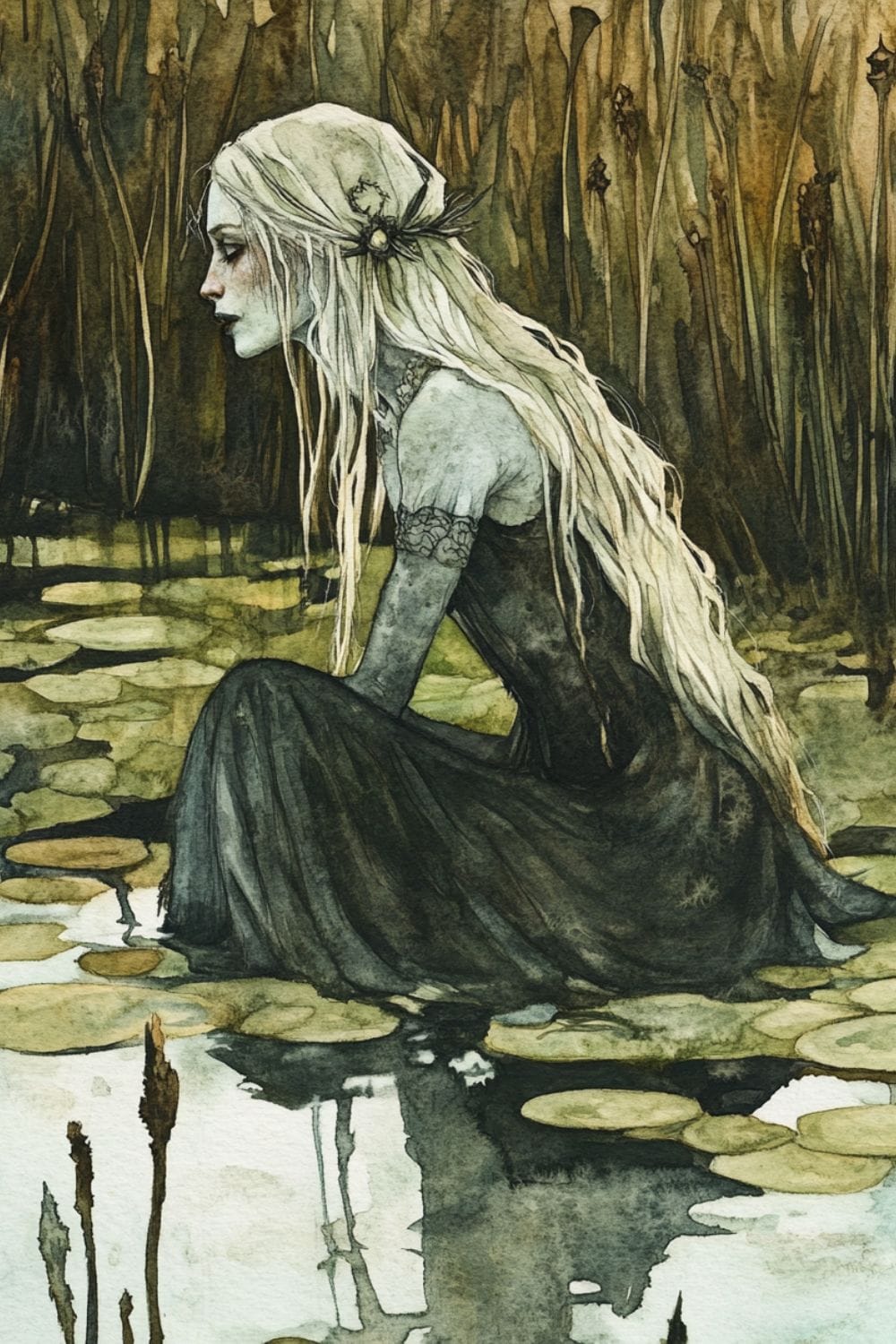 Watercolour painting of a swamp witch bent down and gathering water in her hands