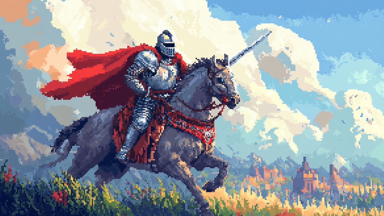 pixel art of a medieval knight riding on a horse into battle with his cape flapping behind him