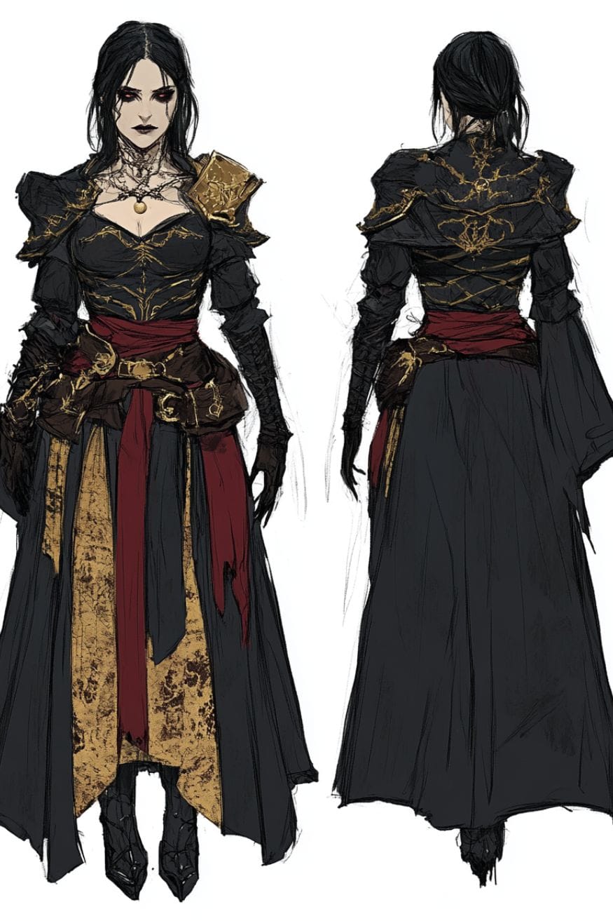 Front and back of a Necromancer Witch concept art inspired by Path of Exile