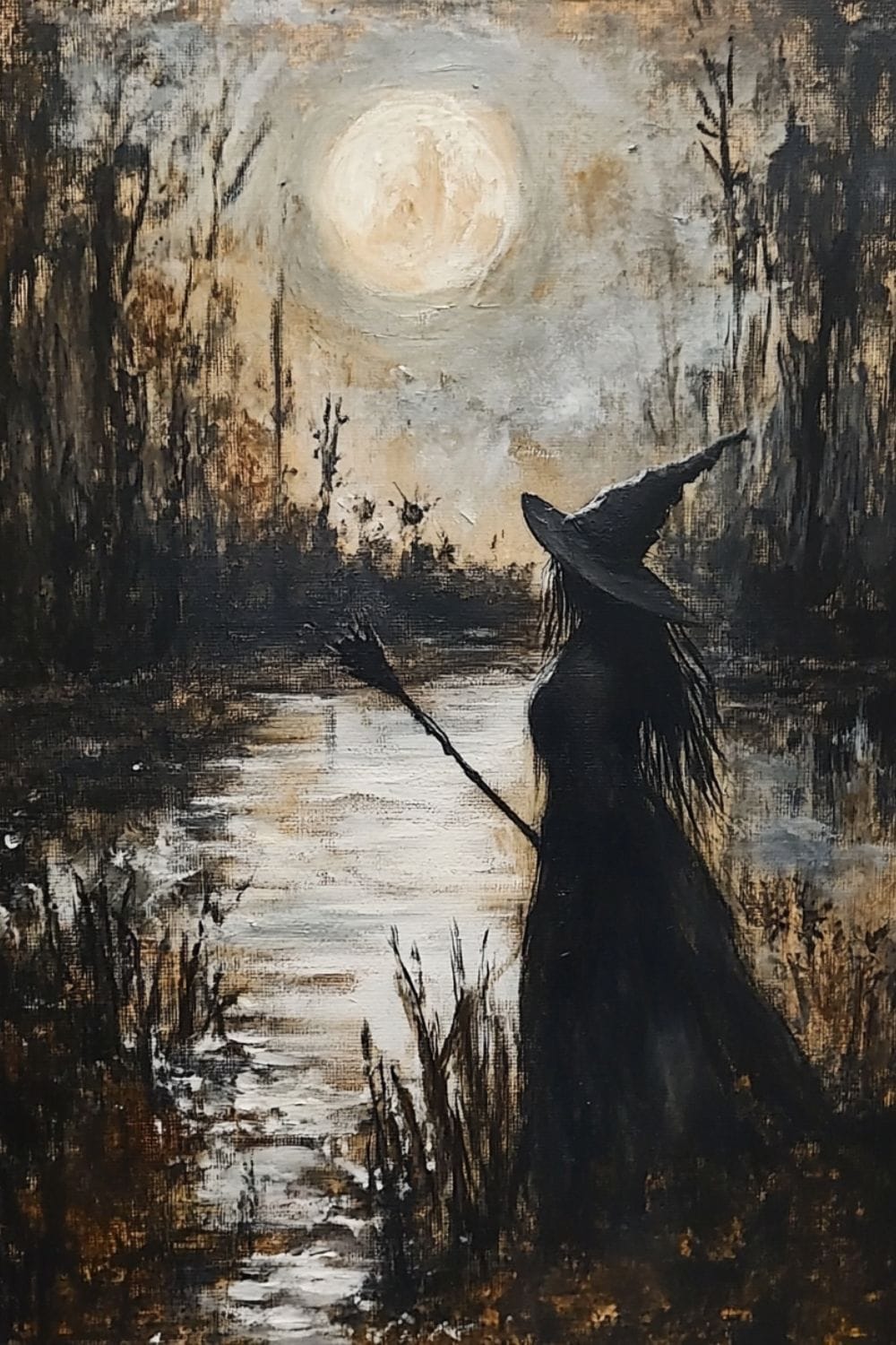 Acrylic painting of a swamp witch stood on the edge of a swamp looking up at the moon