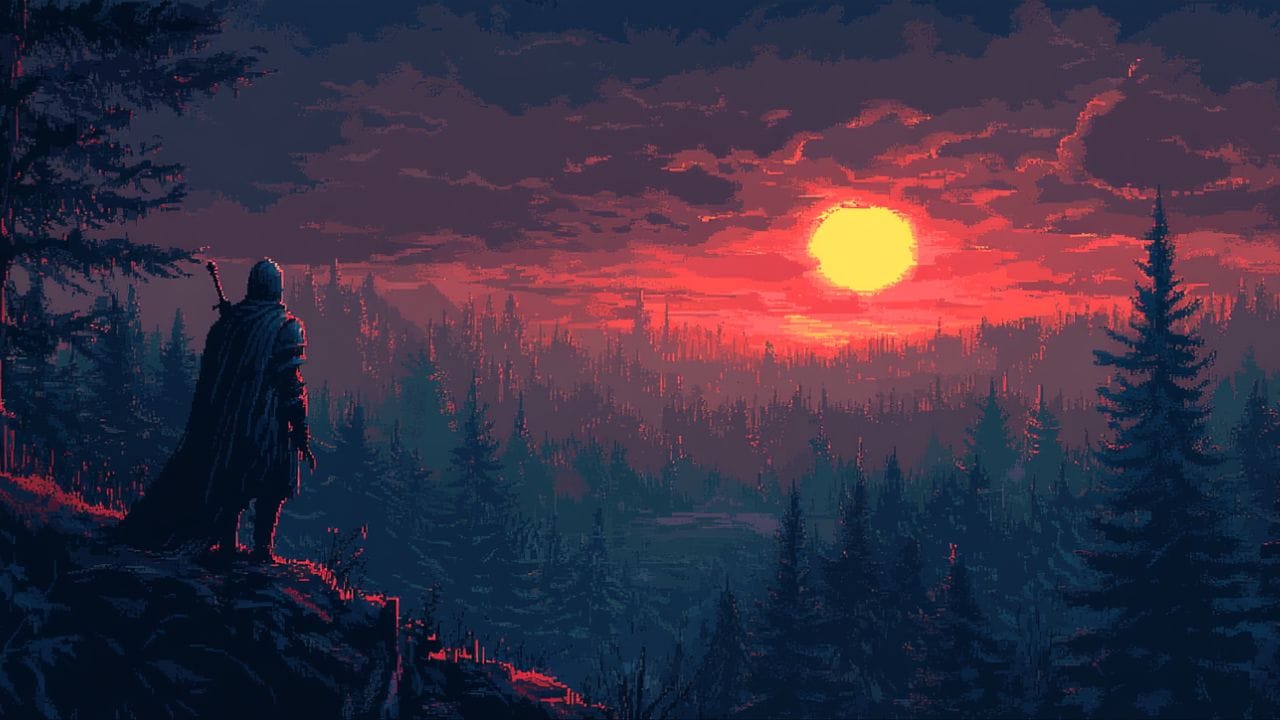 pixel art of a medieval knight stood on a cliff overlooking a forest as the sun sets