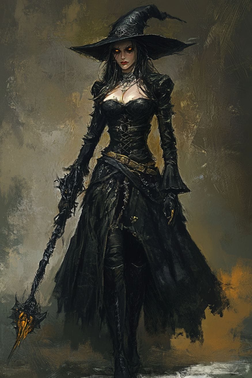 Necromancer Witch holding a sceptre concept art inspired by Path of Exile