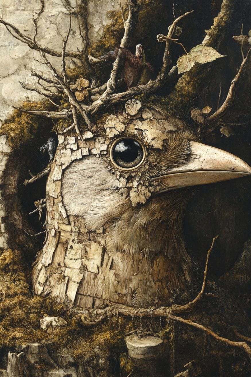 A painting of a bird that is covered in tree bark