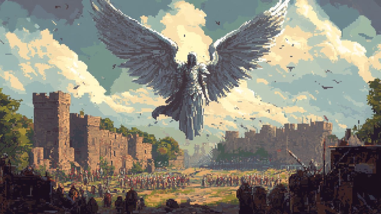 pixel art of a medieval battle with a winged angel hovering above