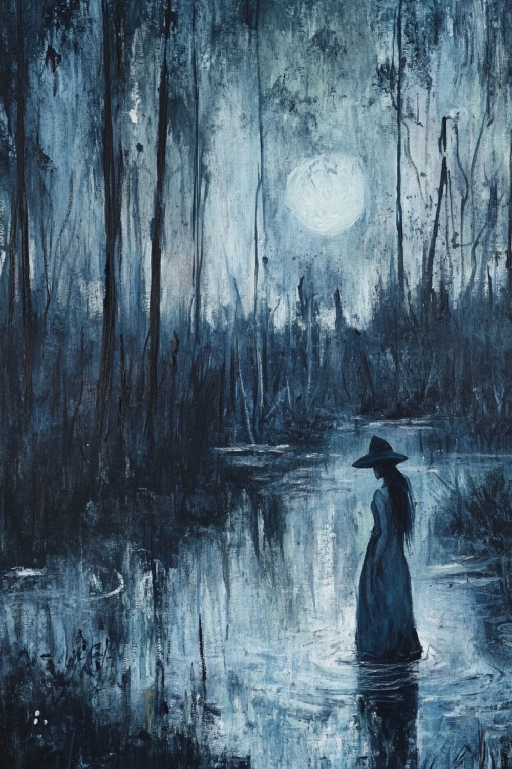 Ethereal painting of a swamp witch wading in the swamp in the moonlight