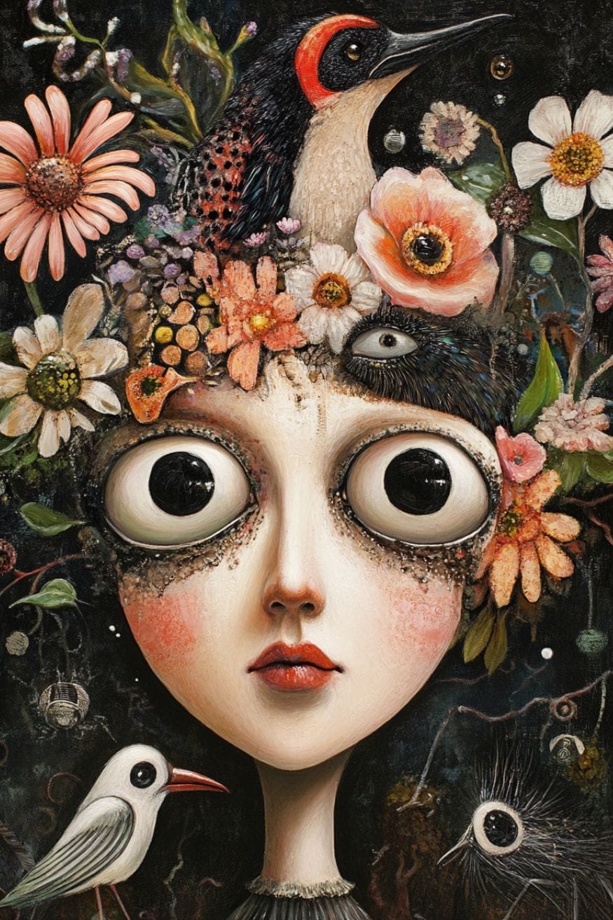 An illustration of a wide eyed girl covered in birds and flowers