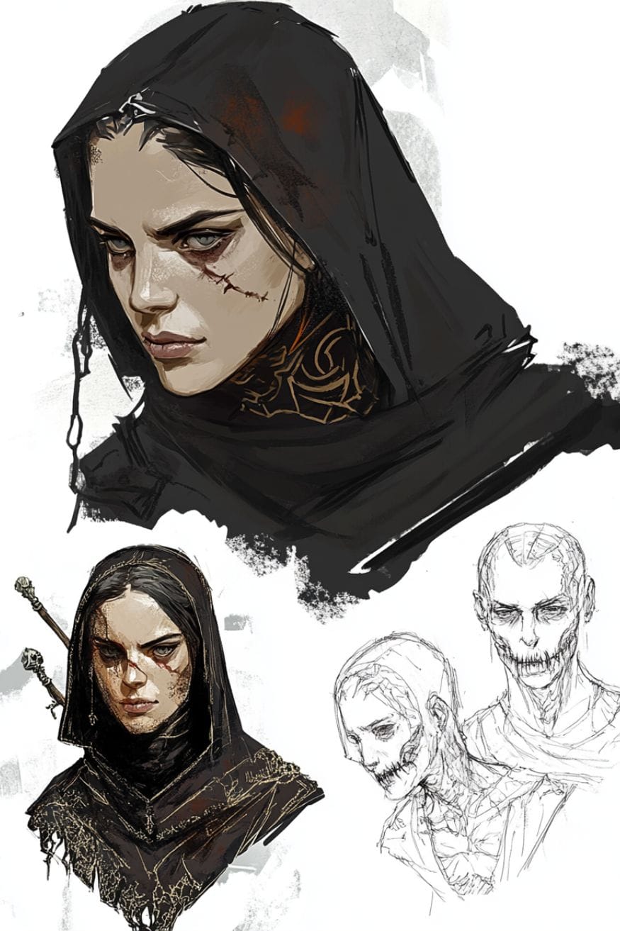 Necromancer Witch with a scarred face concept art inspired by Path of Exile