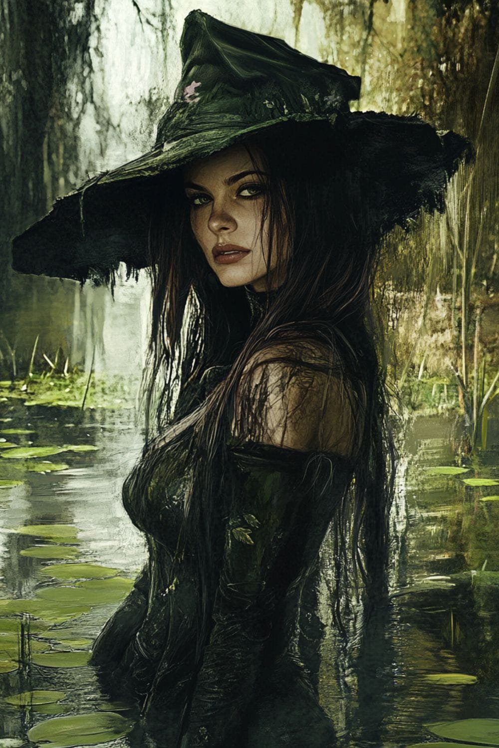 Painting of a beautiful swamp witch stood in a swamp looking at the viewer