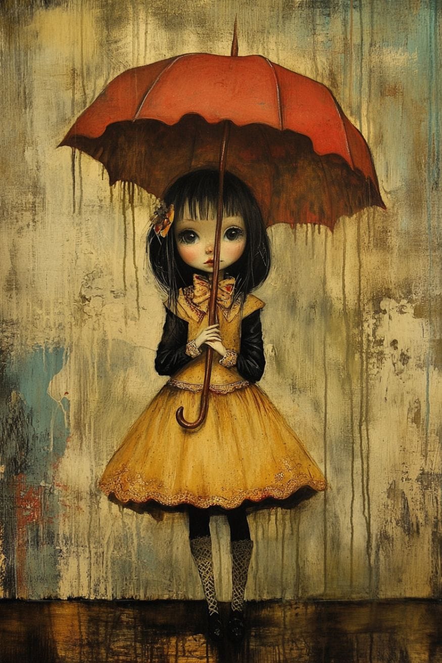 Illustration of a sad looking girl holding a red umbrella